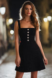 Sparkly Black Square Neck Short Tweed Cocktail Dress