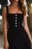 Sparkly Black Square Neck Short Tweed Cocktail Dress