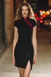 Black Tight Ruched High Neck Short Cocktail Dress with Slit
