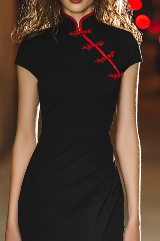 Black Tight Ruched High Neck Short Cocktail Dress with Slit