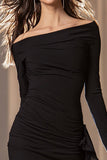 Black Satin Long Sleeves Tight Short Cocktail Dress with Sash