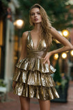 Metallic Gold A Line V-Neck Short Tiered Cocktail Dress with Ruffles