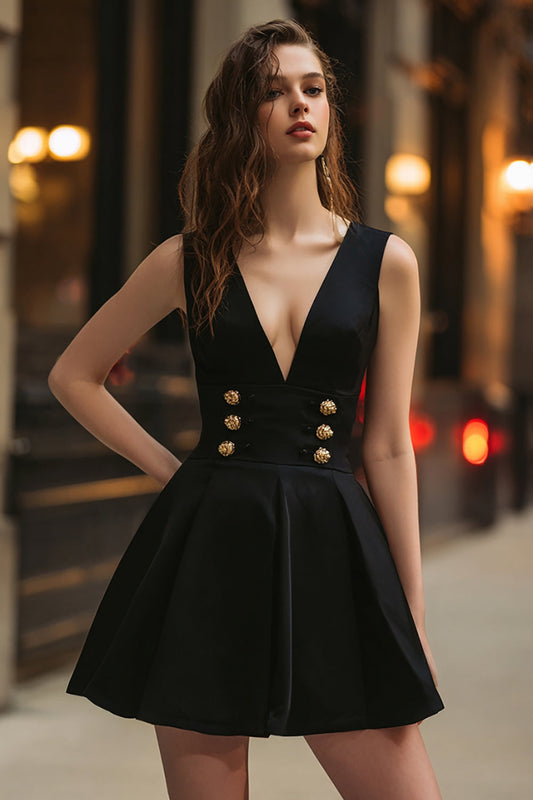 Black A Line V-Neck Double Breasted Short Cocktail Dress