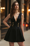 Black A Line V-Neck Double Breasted Short Cocktail Dress