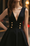 Black A Line V-Neck Double Breasted Short Cocktail Dress