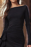 Black Ruched Satin Tight Short Cocktail Dress with Sleeves