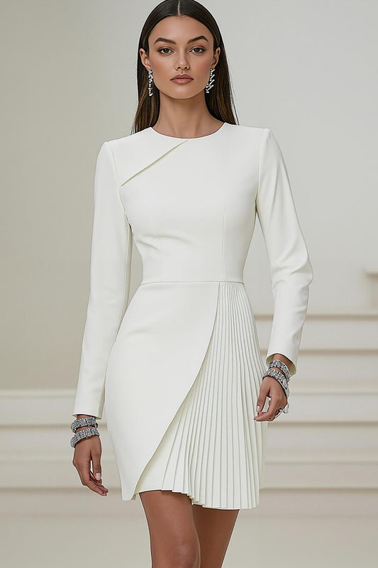 Ivory Pencil Pleated Round Neck Short Work Dress with Sleeves