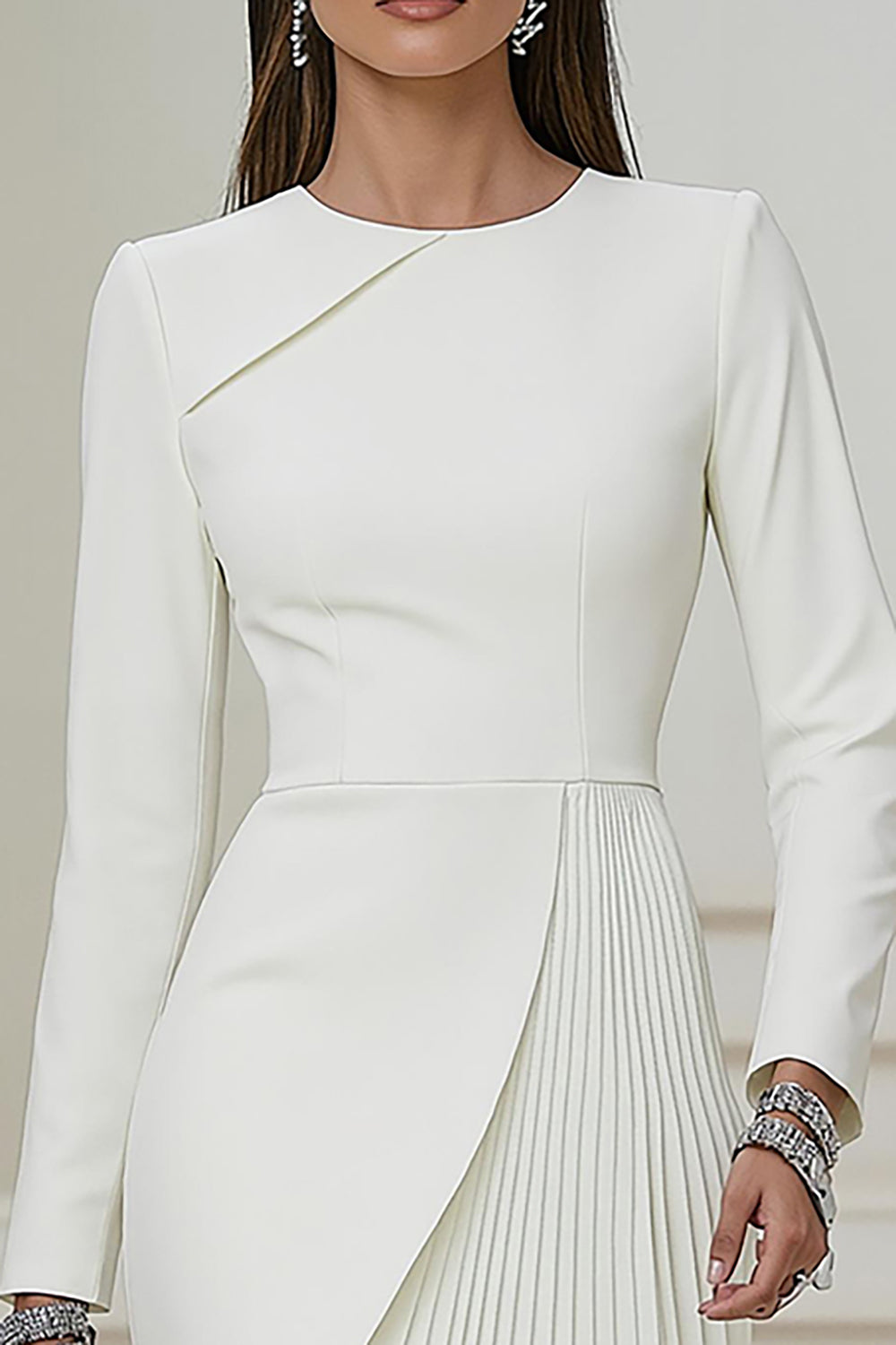 Ivory Pencil Pleated Round Neck Short Work Dress with Sleeves