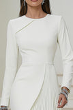 Ivory Pencil Pleated Round Neck Short Work Dress with Sleeves