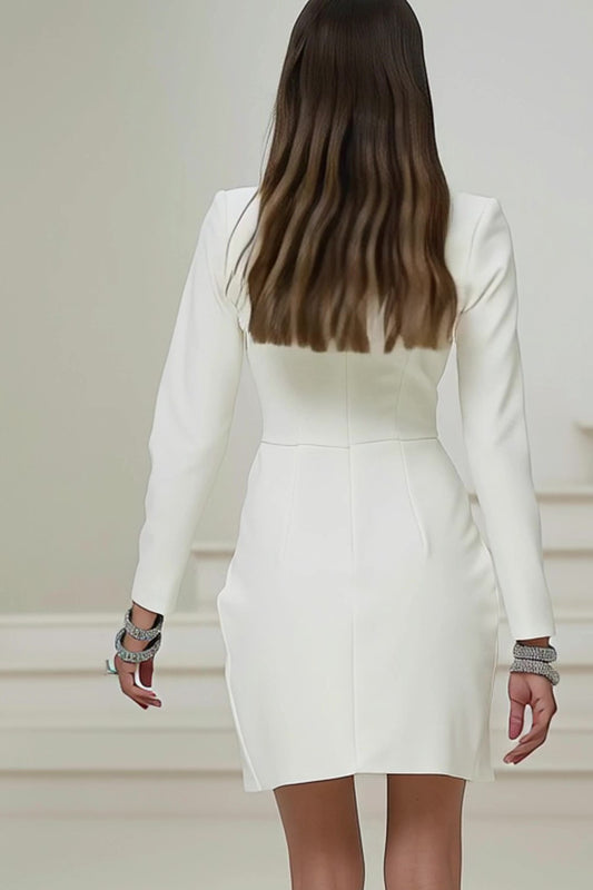 Ivory Pencil Pleated Round Neck Short Work Dress with Sleeves
