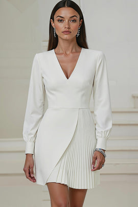 Ivory Pencil V-Neck Pleated Short Work Dress with Sleeves
