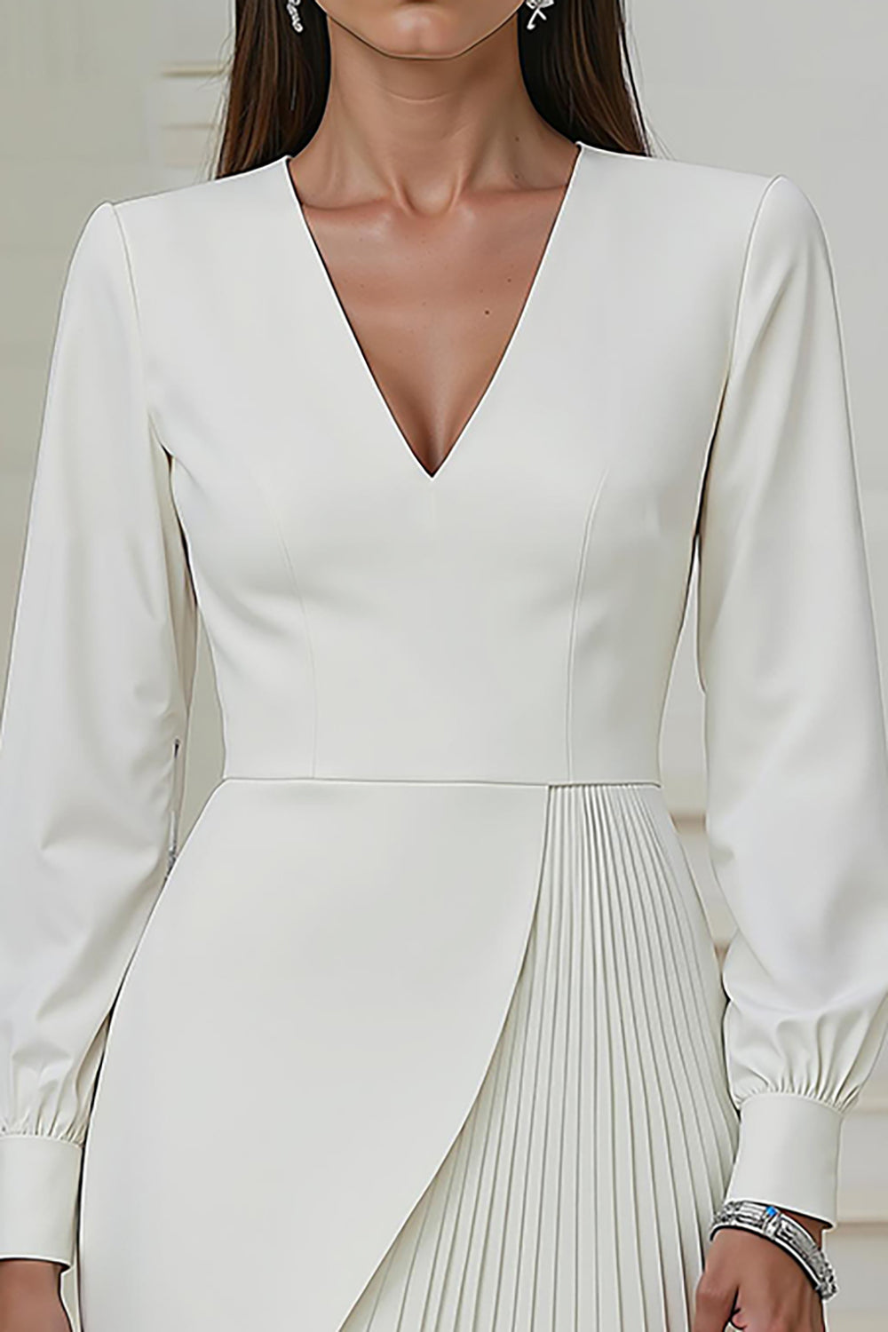 Ivory Pencil V-Neck Pleated Short Work Dress with Sleeves