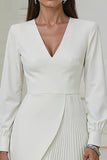 Ivory Pencil V-Neck Pleated Short Work Dress with Sleeves