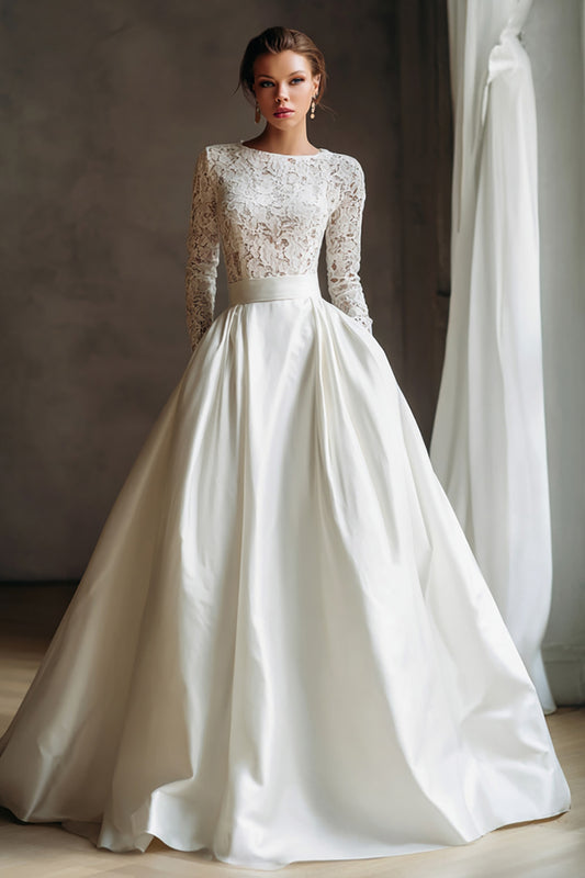 Ivory Boat Neck Sweep Train Long Sleeves Wedding Dress with Lace