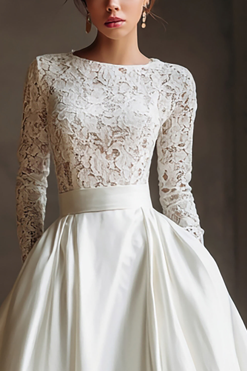 Ivory Boat Neck Sweep Train Long Sleeves Wedding Dress with Lace