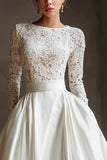 Ivory Boat Neck Sweep Train Long Sleeves Wedding Dress with Lace
