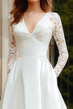 Ivory Long Sleeves V-Neck A Line Sweep Train Wedding Dress with Lace
