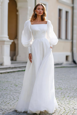 Zapaka Women Ivory Long Wedding Dress with Pocket A Line Square Neck Puff Sleeves Bridal Dress, Ivory / custom