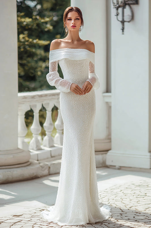 Ivory Off The Shoulder Sweep Train Long Sleeves Wedding Dress
