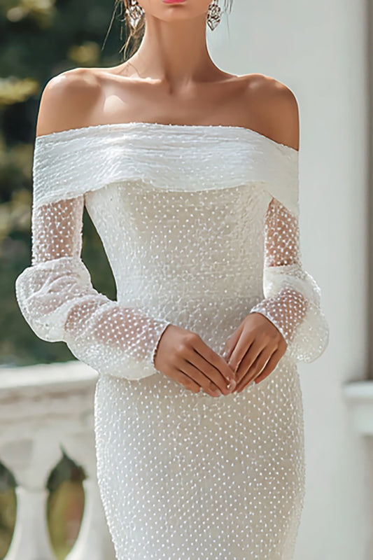 Ivory Off The Shoulder Sweep Train Long Sleeves Wedding Dress