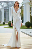 Ivory Mermaid V-Neck Long Sleeves Sweep Train Wedding Dress with Slit