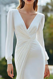 Ivory Mermaid V-Neck Long Sleeves Sweep Train Wedding Dress with Slit