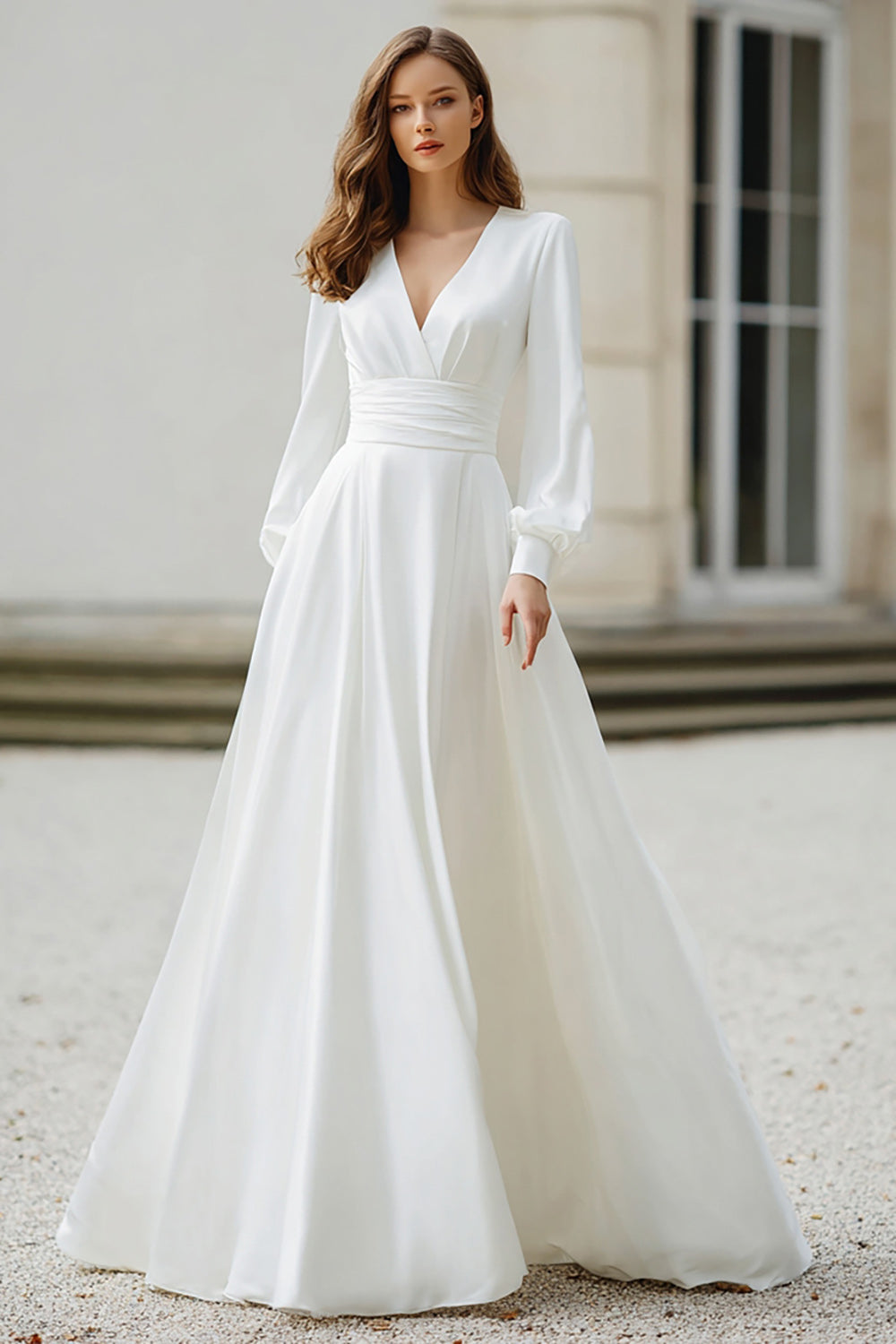 Simple Ivory A Line V-Neck Long Sleeves Floor Length Wedding Dress