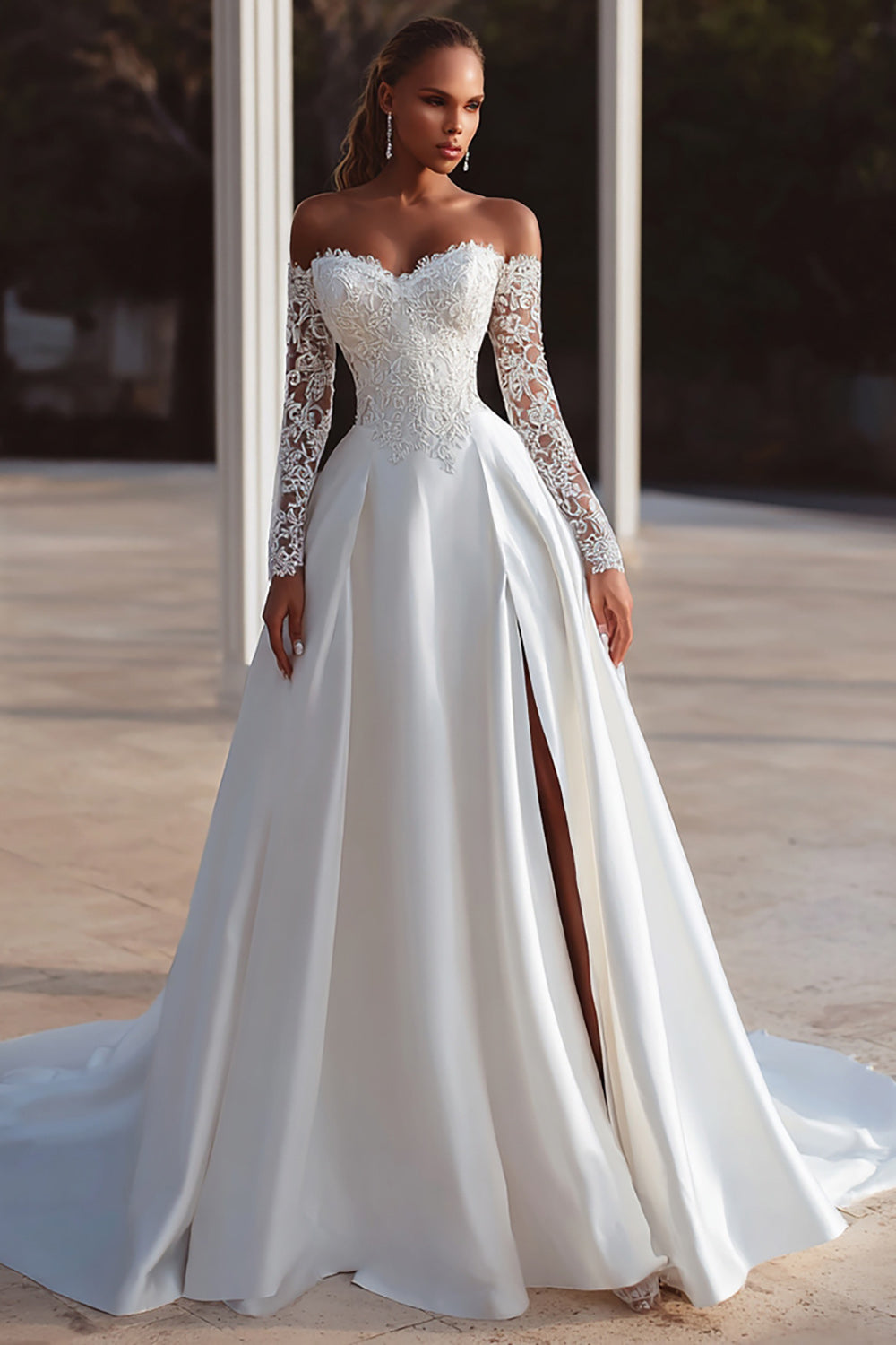 Ivory Off The Shoulder Sweep Train Long Sleeves Wedding Dress with Slit