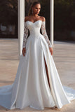 Ivory Off The Shoulder Sweep Train Long Sleeves Wedding Dress with Slit