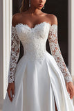 Ivory Off The Shoulder Sweep Train Long Sleeves Wedding Dress with Slit