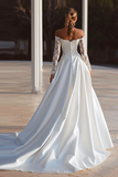 Ivory Off The Shoulder Sweep Train Long Sleeves Wedding Dress with Slit