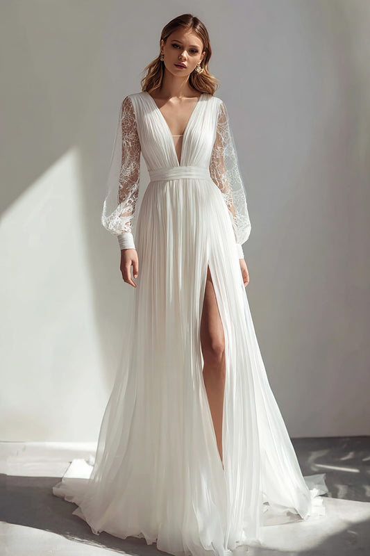 Ivory V-Neck A Line Pleated Sweep Train Wedding Dress with Slit