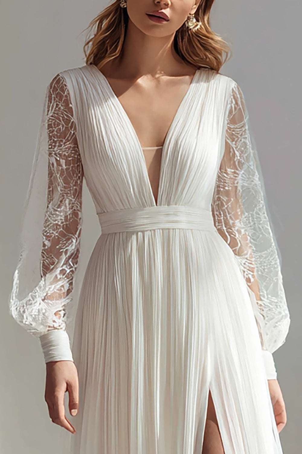 Ivory V-Neck A Line Pleated Sweep Train Wedding Dress with Slit