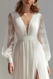 Ivory V-Neck A Line Pleated Sweep Train Wedding Dress with Slit