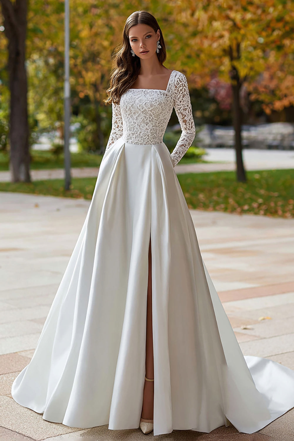 Zapakasa Women Ivory Satin Sweep Train Wedding Dress with Lace Square Neck A Line Long Sleeves Bridal Dress with Slit