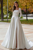 Ivory Square Neck Sweep Train Long Sleeves Wedding Dress with Slit