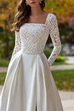 Ivory Square Neck Sweep Train Long Sleeves Wedding Dress with Slit