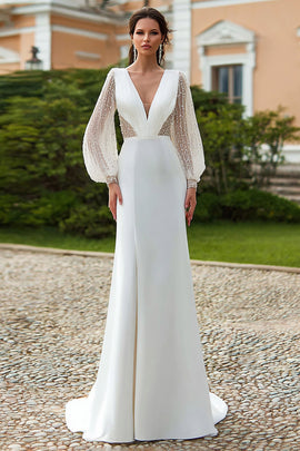 Sparkly Ivory Sheath Long Sleeves Sweep Train Wedding Dress
