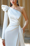 Ivory One Shoulder Ruffled Long Sleeves Sweep Train Wedding Dress with Slit