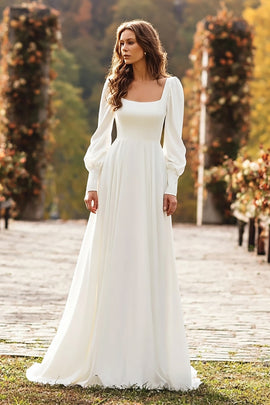 Simple Ivory Square Neck Long Sleeves A Line Sweep Train Wedding Dress