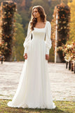 Simple Ivory Square Neck Long Sleeves A Line Sweep Train Wedding Dress