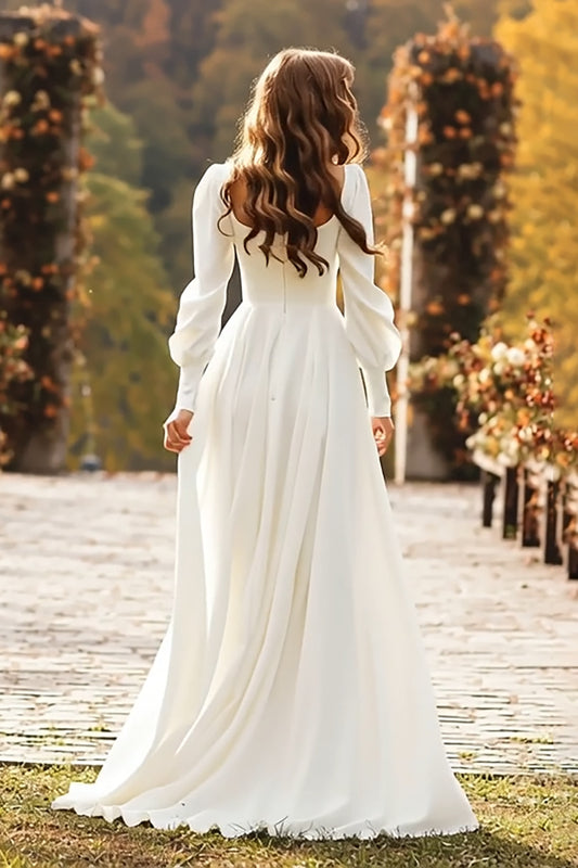 Simple Ivory Square Neck Long Sleeves A Line Sweep Train Wedding Dress