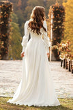 Simple Ivory Square Neck Long Sleeves A Line Sweep Train Wedding Dress