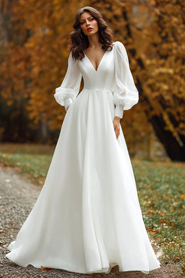 Ivory V-Neck Long Sleeves A Line Sweep Train Wedding Dress