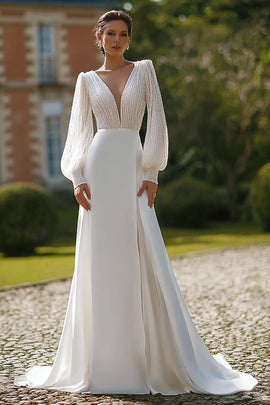 Sparkly Ivory V-Neck Sweep Train Wedding Dress with Sleeves