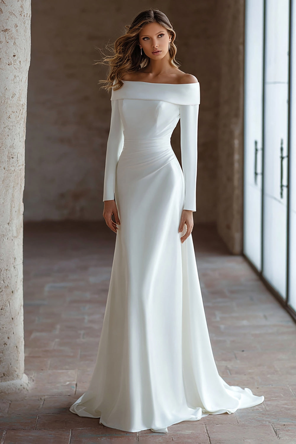 Ivory Satin Off The Shoulder Sweep Train Wedding Dress with Sleeves