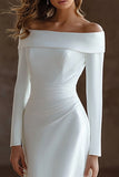 Ivory Satin Off The Shoulder Sweep Train Wedding Dress with Sleeves