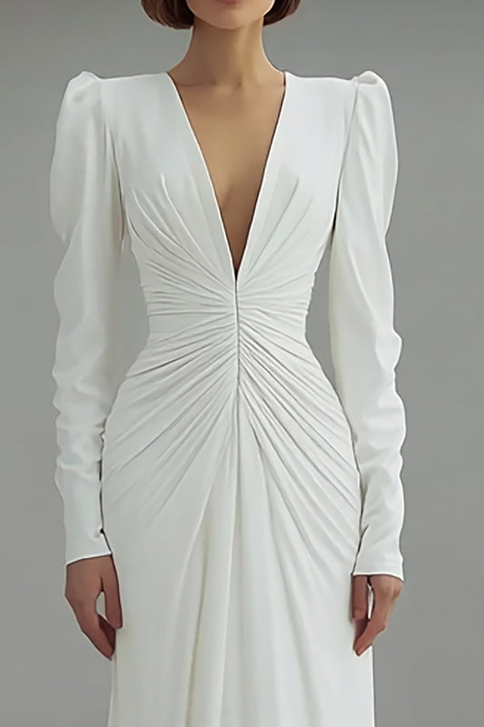 Ivory Sheath V-Neck Long Sleeves Sweep Train Wedding Dress