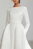 Ivory Jacquard Ball Gown Sweep Train Wedding Dress with Sleeves
