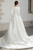 Ivory Jacquard Ball Gown Sweep Train Wedding Dress with Sleeves
